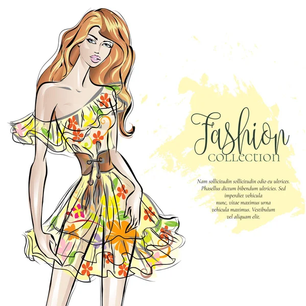 Fashion collection reklam broschyr med trendig tjej i skiss stil, skönhet kvinna modell med textmall, vektorillustration — Stock vektor