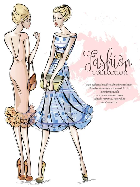 Mode-Kollektion Werbebroschüre mit einer Reihe von schönen Frauen Modelle, Schönheit Mädchen handgezeichnete Vektorillustration — Stockvektor