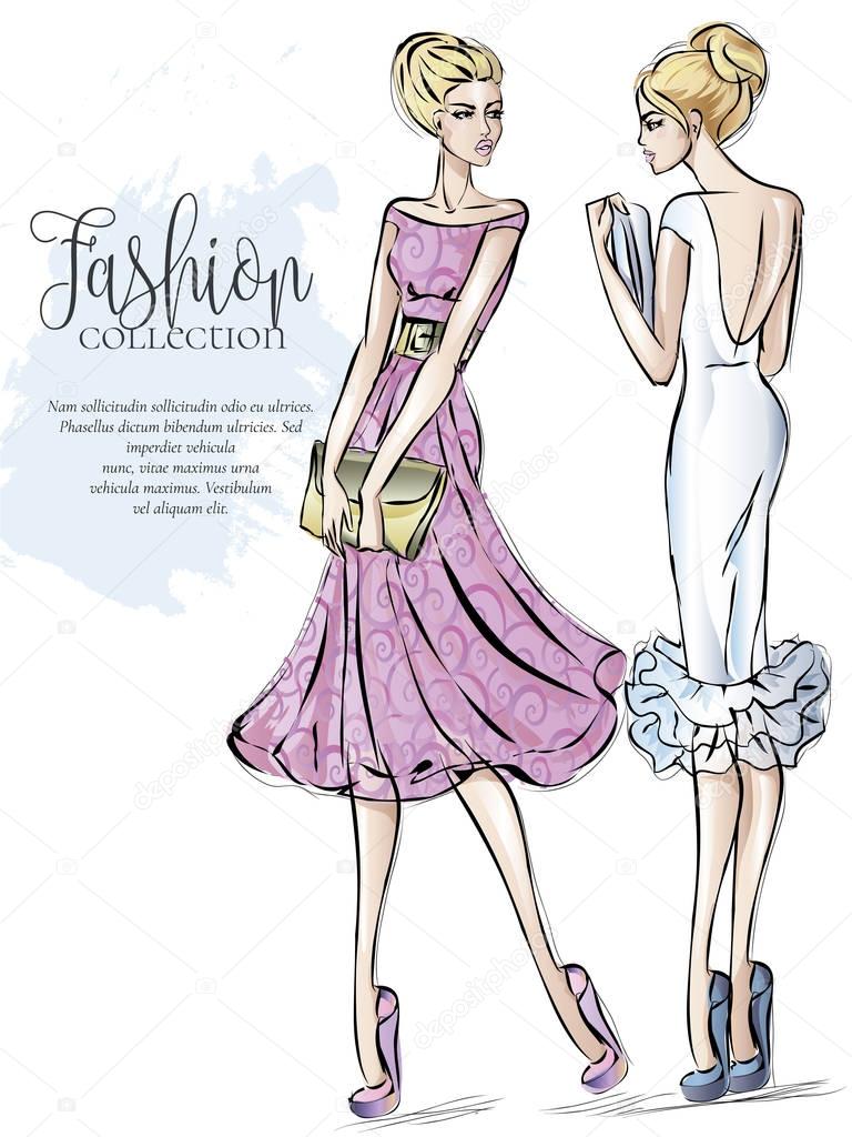 Fashion collection advertising brochure with set of beautiful women models, beauty girls hand drawn vector illustration