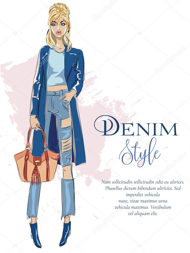 Beautiful fashion girl with denim style logo and advertising text template, runway show, sexy blonde woman wearing blue outfit, sale shopping banner, model sketch, hand drawn vector illustration