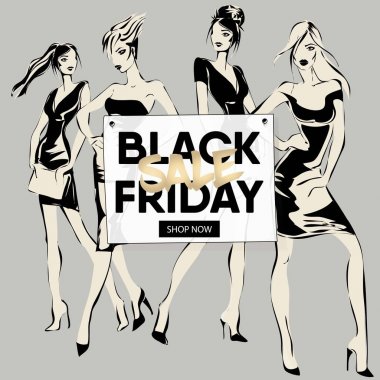 Moda kız ile siyah Cuma satışı büyük başlığı, güzel kadın modelleri sosyal medya reklamları web şablon koleksiyonu. Web sitesi, mobil afiş, poster için vektör çizim