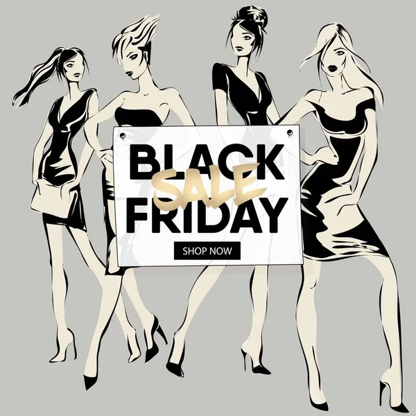 Black Friday banner venta con chicas de moda, hermosa mujer modelos de redes sociales ads web template collection. Ilustración vectorial para sitio web, banner móvil, póster — Archivo Imágenes Vectoriales