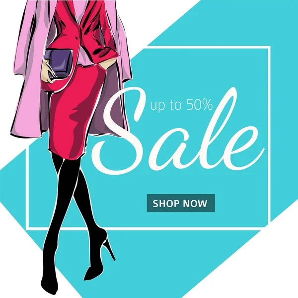 Banner de venda de moda com silhueta de moda feminina, compras on-line social media ads web template com menina bonita. Ilustração vetorial — Vetor de Stock