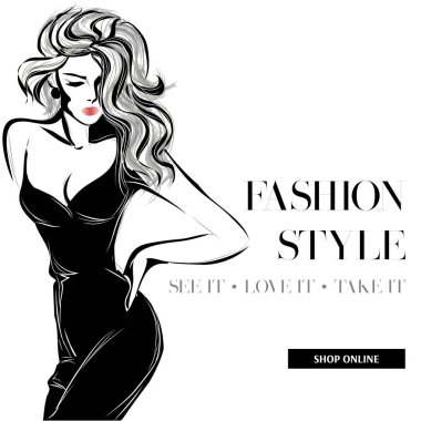 Siyah ve beyaz moda satış afiş kadın moda siluet, alışveriş online sosyal medya reklamları web şablonu ile güzel kız ile. Vektör çizim