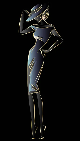 Zlaté neon fashion žena silueta, krásná modelka na černém pozadí logo vektorové ilustrace — Stockový vektor