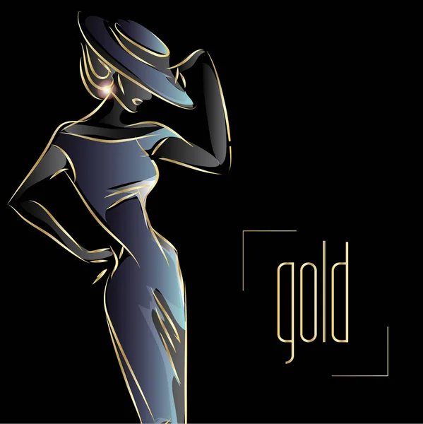 Silueta de mujer de moda de neón dorado, hermosa modelo de moda en el fondo negro logotipo vector ilustración — Vector de stock