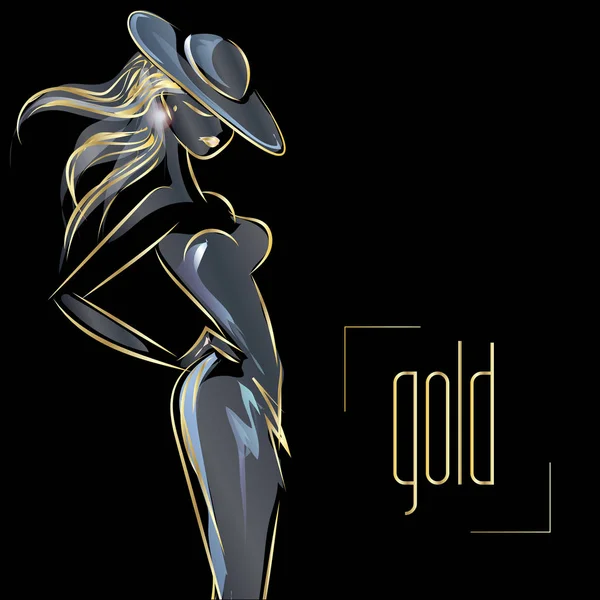 Neon złota moda kobieta sylwetka, piękne moda model na czarnym tle logo wektor ilustracja — Wektor stockowy