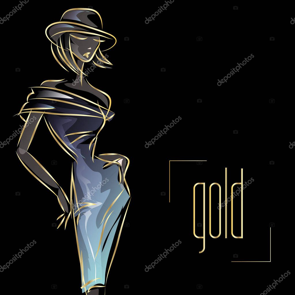 Gold neon fashion woman silhouette, beautiful fashion model on black background logo vector illustration art