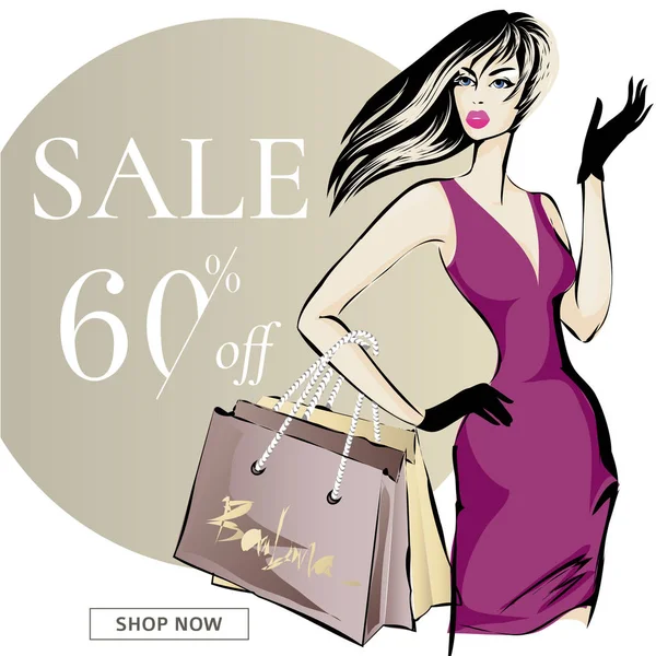 Fashion sale banner with woman fashion silhouette, online shopping social media ads web template with beautiful girl. Vector illustration — Stock Vector