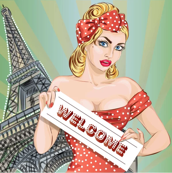 Seksowny szałowy kobietę Zapraszamy szyld, Dziewczyna pinup w Paryżu, w pobliżu Eiffel tower ręka wektor ilustracja tło — Wektor stockowy