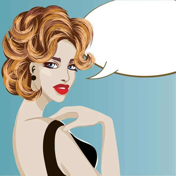 Καρφιτσώστε επάνω στυλ πορτρέτο σέξι όμορφη γυναίκα με συννεφάκι ομιλίας, pop art comic κορίτσι ανυπομονησία φόντο εικονογράφηση διάνυσμα — Διανυσματικό Αρχείο