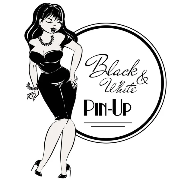 Black and white pin-up plus size sexy woman with retro logo design, hand dr...