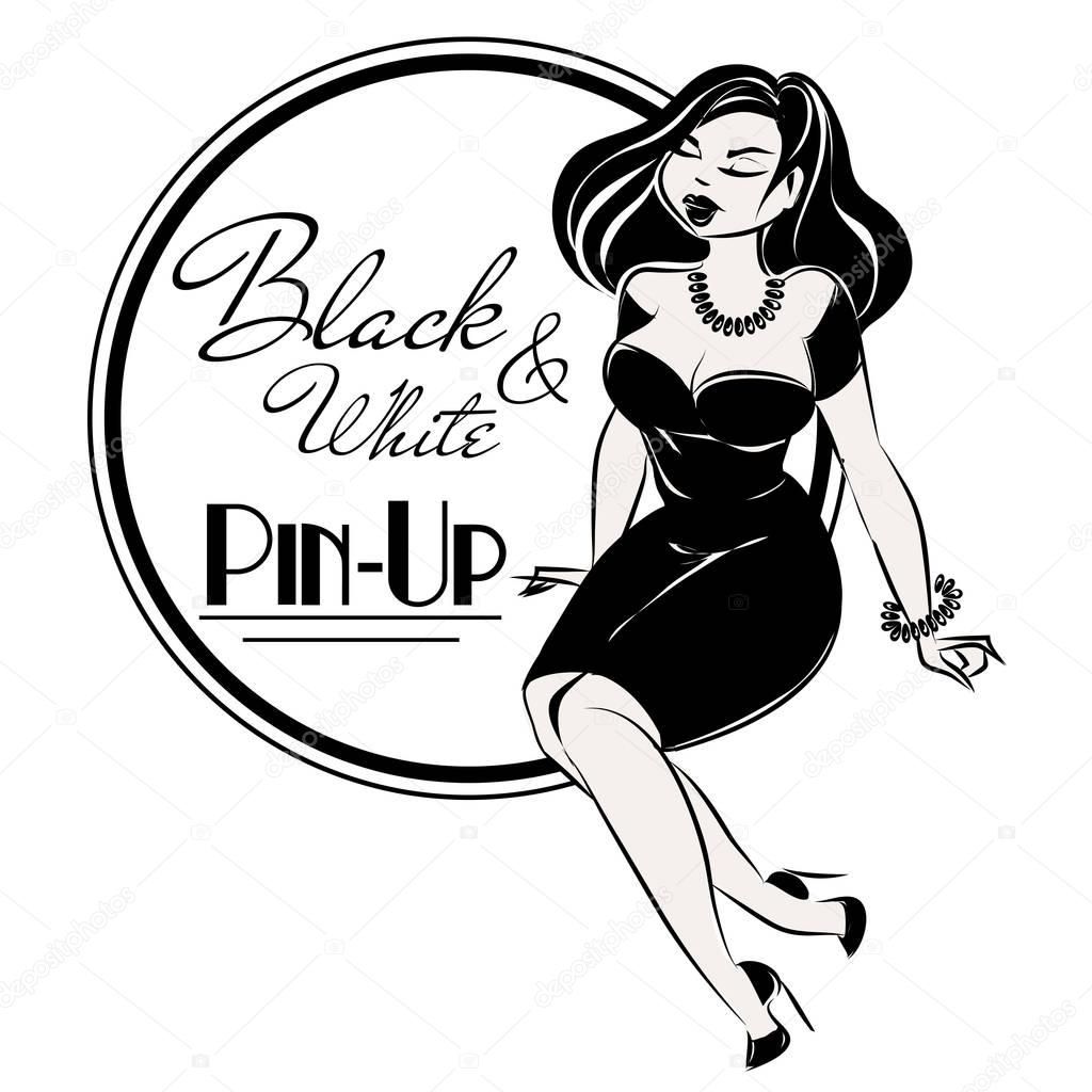 Black and white pin-up plus size sexy woman with retro logo design, hand drawn vector illustration art