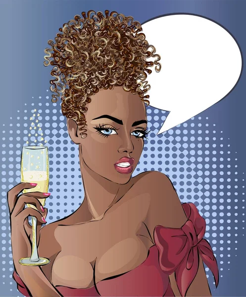 Pin-up-Stil sexy Afro-Frauenporträt mit Glas Champagner, lockiges Mädchen mit Sprechblase, Vektor-Illustration — Stockvektor