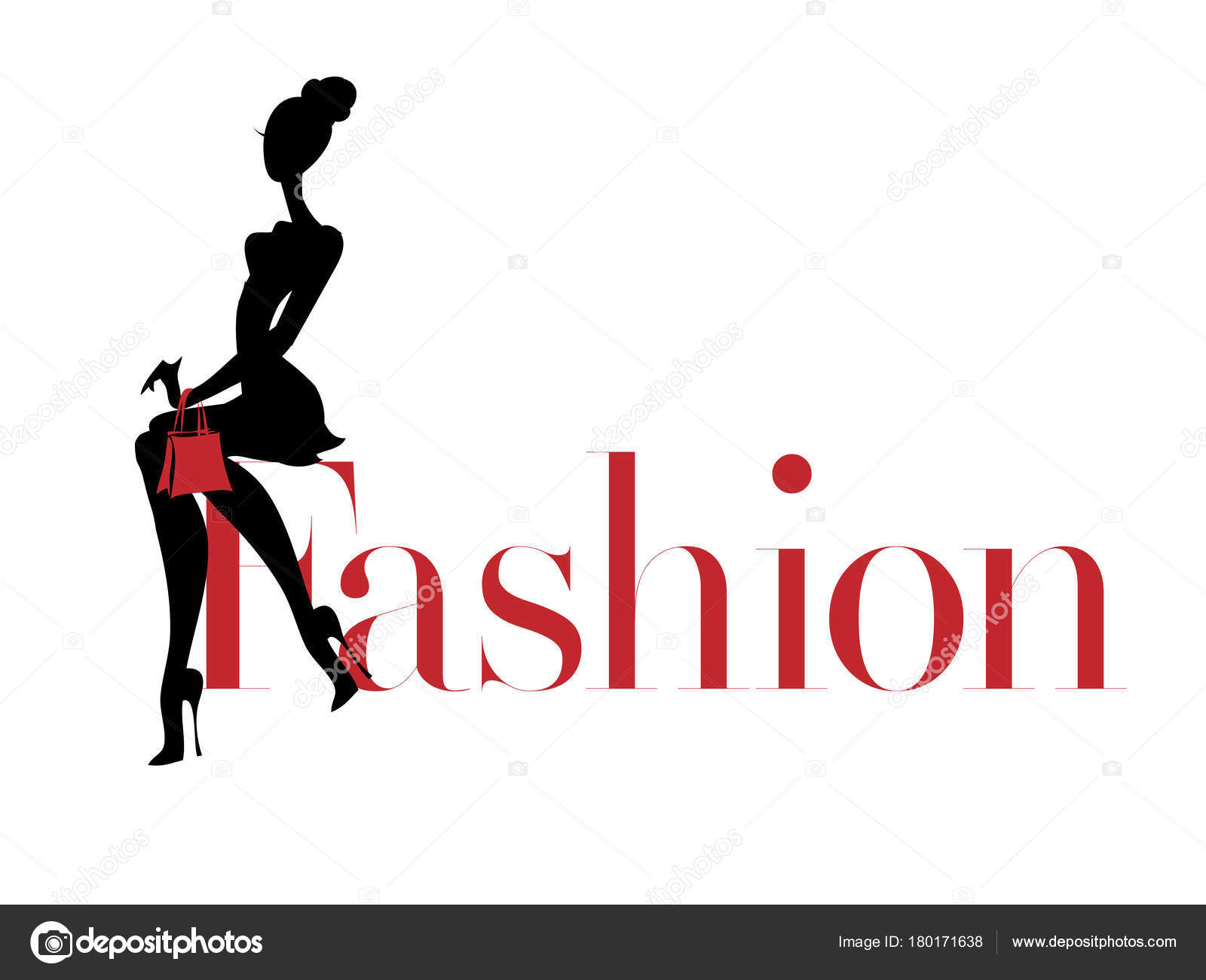 Black and white fashion woman silhouette with red bag, boutique logo ...