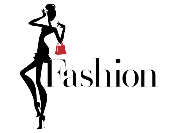 Silhueta de mulher de moda preto e branco com saco vermelho, logotipo boutique, banner venda, publicidade de compras. Arte de ilustração vetorial desenhada à mão — Vetor de Stock