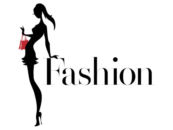 Silueta de mujer de moda en blanco y negro con bolsa roja, logotipo boutique, banner de venta, publicidad de compras. Dibujado a mano vector ilustración arte — Archivo Imágenes Vectoriales
