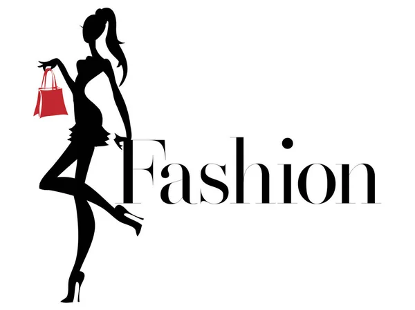 Silueta de mujer de moda en blanco y negro con bolsa roja, logotipo boutique, banner de venta, publicidad de compras. Dibujado a mano vector ilustración arte — Archivo Imágenes Vectoriales