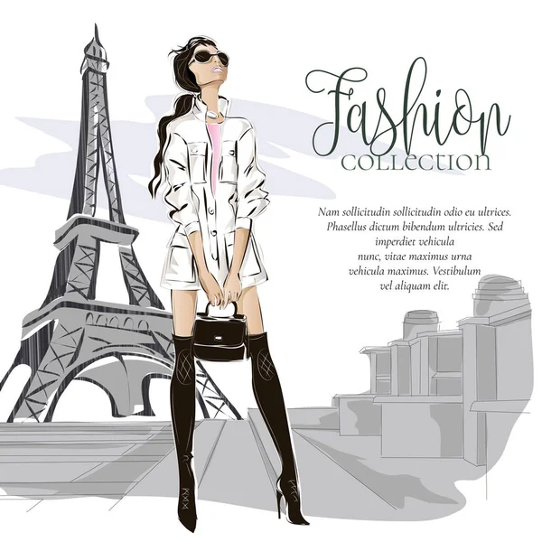 Fashion woman near Eiffel tower in Paris, fashion banner with text