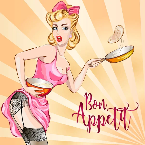 Buen apetito, pin up mujer sexy cocinar panqueques, mano dibujado vector ilustración fondo — Vector de stock