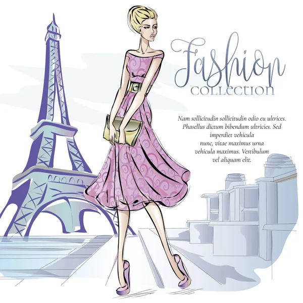 Mulher de moda perto da Torre Eiffel em Paris, banner de moda com modelo de texto, compras on-line anúncios de mídia social com menina bonita. Ilustração vetorial —  Vetores de Stock