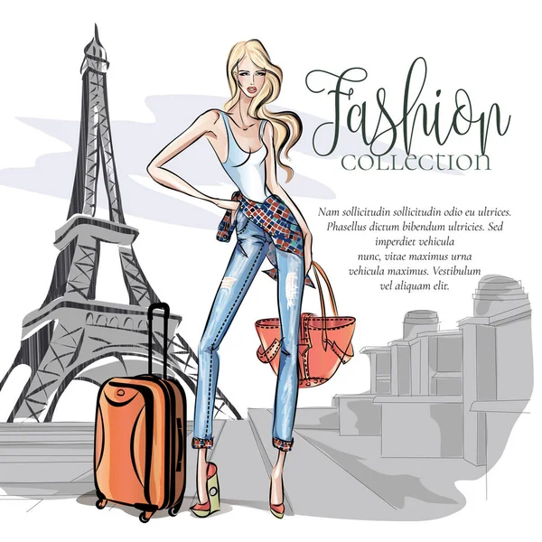Street-Style-Mädchen trägt Jeans mit Reisetaschen posiert in der Nähe des Eiffelturms in Paris, Wochenendreise Urlaub in Europa Vektor Illustration — Stockvektor
