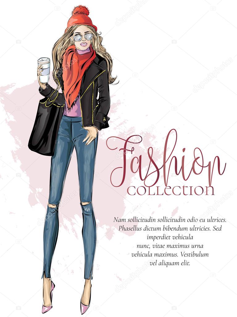 Street style fashion woman with morning cup of coffee, fashion collection advertisement, sale shopping banner, model sketch, hand drawn vector illustration