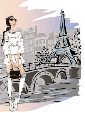 Sosyal medya reklamları ile güzel kız alışveriş online Paris, moda afiş ile metin şablonu, Eyfel Kulesi yakınındaki kadın moda. Vektör çizim