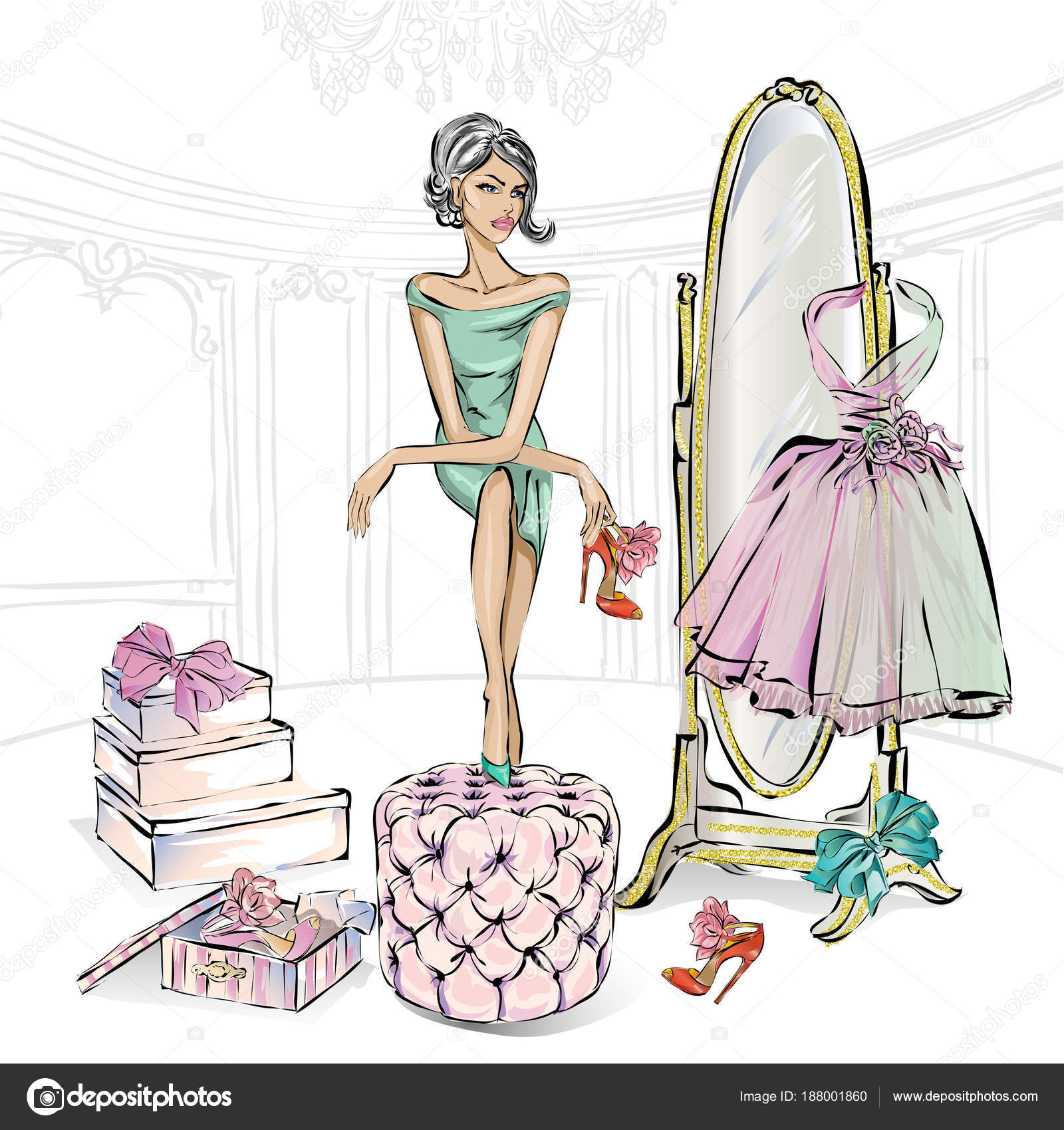 Glamour Fashion Girl Chooses Beauty High Heel Shoes Boutique Closet Stock  Vector Image by ©SofiaPink #188001860