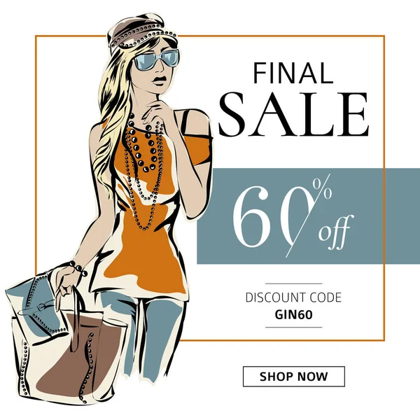 Fashion summer sale banner with woman fashion silhouette, online shopping social media ads web template with beautiful girl. Vector illustration — Stock Vector