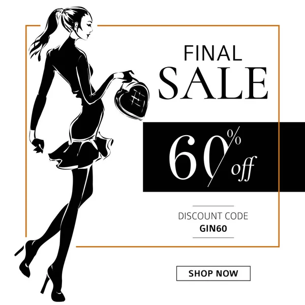 Black and white fashion sale banner with woman fashion silhouette, online shopping social media ads web template with beautiful girl. Vector illustration — Stock Vector
