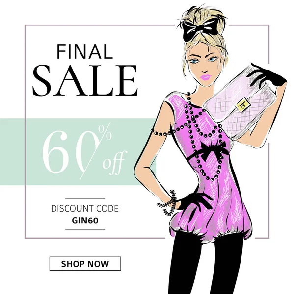 Fashion summer sale banner with teen fashion girl, online shopping social media ads web template with beautiful teenager girl. Vector illustration — Stock Vector