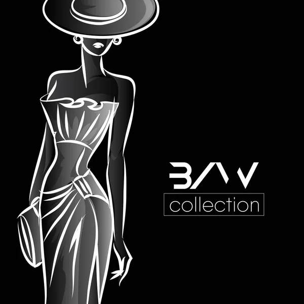 Zwart-wit mode vrouw silhouet, mooie fotomodel op zwarte achtergrond logo vectorillustratie — Stockvector