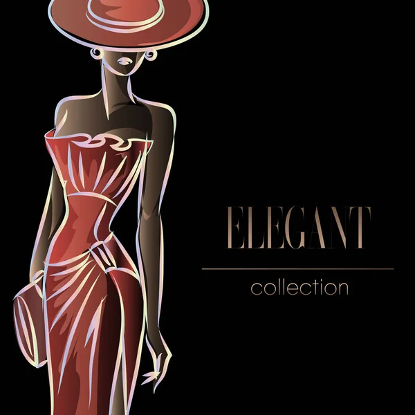 赤、ファッション女性シルエット、黒の背景ロゴ ベクター イラストを美しいファッションモデルの女性 — ストックベクタ