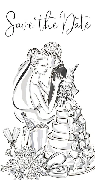 Свадебная открытка с женихом и невестой, свадебный торт, шампанское, цветы и обручальные кольца. Клип-арт задает черно-белый тон приглашению на свадьбу — стоковый вектор