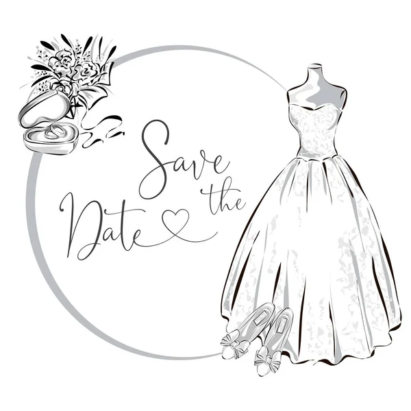 Clipart de mariage avec robe de mariée, fleurs et alliances, carte de vœux de mariage noir et blanc ou modèle d'invitation illistration vectorielle — Image vectorielle