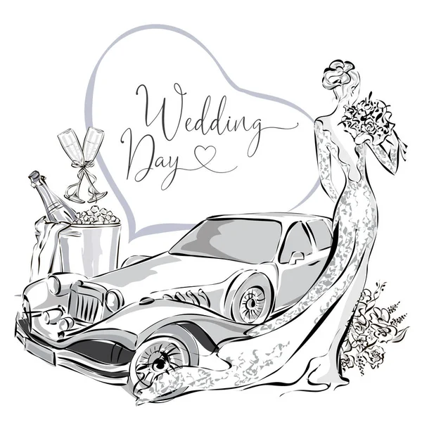 Esküvői clipart készlet gyönyörű menyasszony, esküvői limuzin és pezsgő jég vödör, fekete-fehér esküvői üdvözlőlap és meghívó sablon vektor illistration — Stock Vector