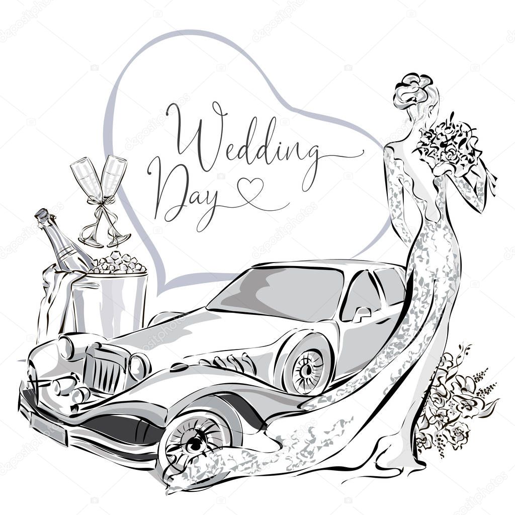 Wedding clipart set with beautiful bride, wedding limousine and champagne in ice bucket, black and white wedding greeting card or invitation template vector illistration