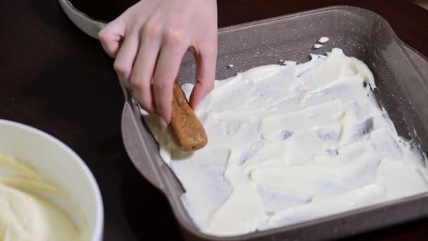 Печенье из тирамису с савойарди и маскароном на кухне ресторана — стоковое видео
