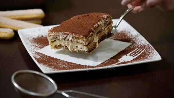 Tiramisu dessert. Piece of tiramisu on a white plate — Stock Video