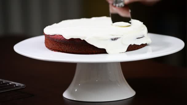 Η διαδικασία της λήψης ένα κέικ. Ζύμη κέικ καλύπτονται από κρέμα. — Αρχείο Βίντεο