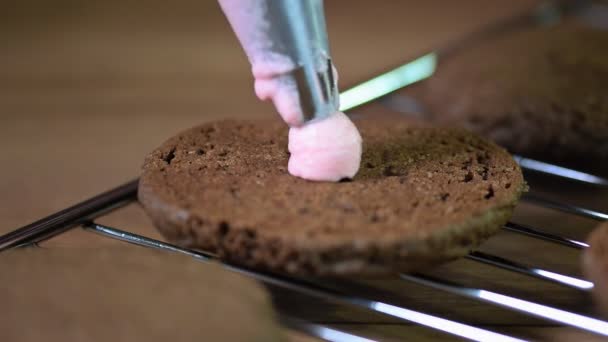 Aprieta la crema con una bolsa de pastelería. Sandwich de galletas con chips de chocolate — Vídeos de Stock