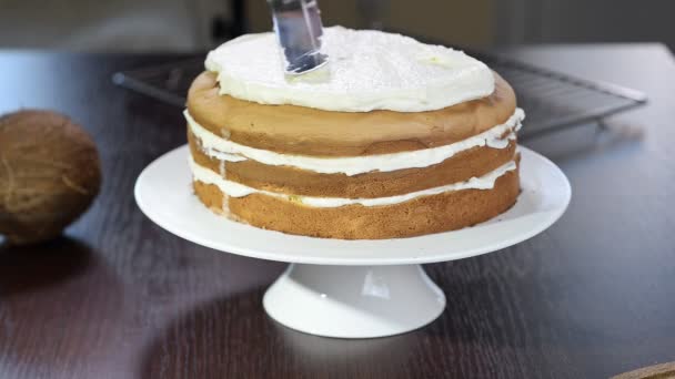 The process of making a cake.Confectioners equates biscuit cream using pastry spatula. — Stock Video