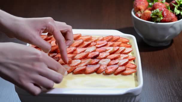 Dekorera tiramisu med jordgubbar. Strawberry tiramisu — Stockvideo
