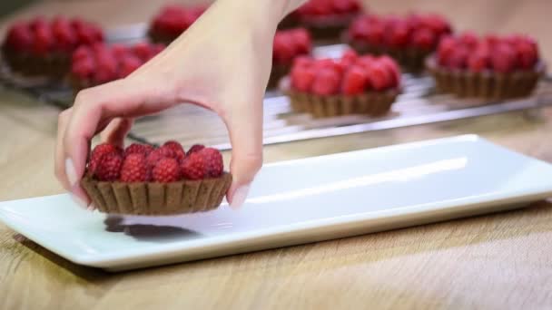 Female hand puts in a bowl of white chocolate tarts with raspberries — Stock Video