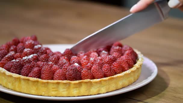 Frauenhand mit einem Küchenmesser geschnitten Torte mit Himbeeren — Stockvideo