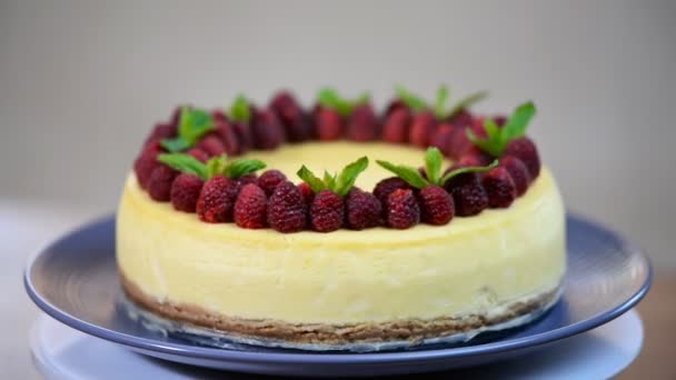 Classical New York cheesecake with berry — Stock Video