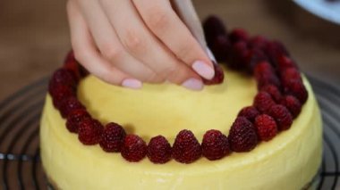 Ev yapımı New York cheesecake. Peynirli kek New York ahududu süslemeleri