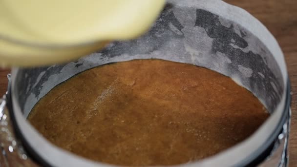 Enchendo o creme de bolo de queijo na forma de cozimento . — Vídeo de Stock