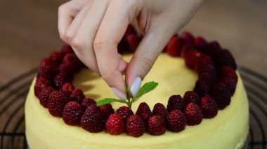 Kadın el ile dekore edilmiş cheesecake New York, nane yaprakları
